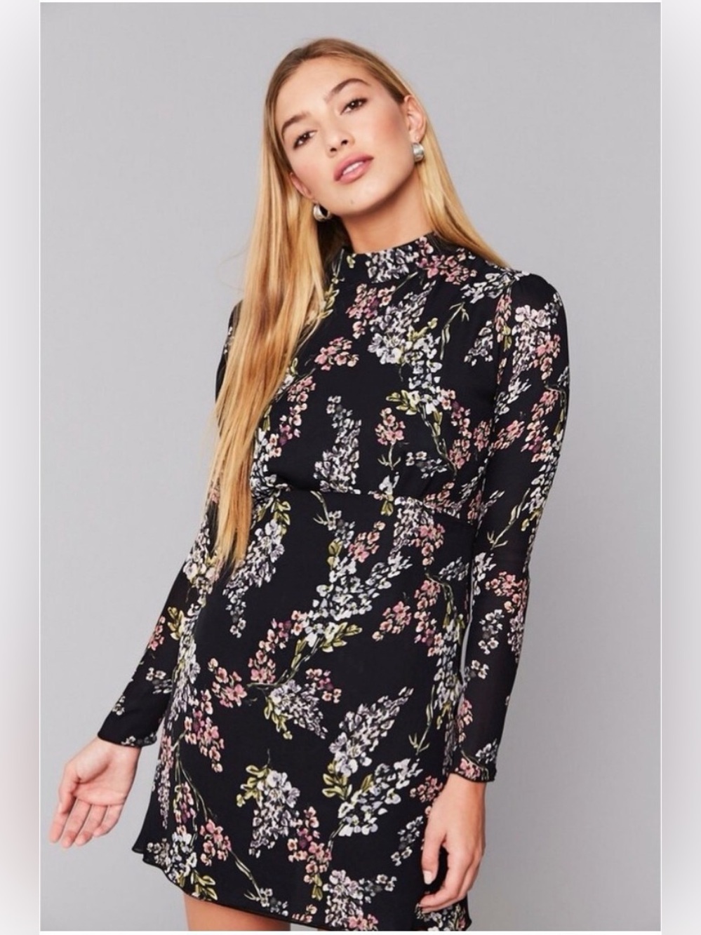 Stone Cold Fox Woody Black Floral 100% Silk Mock-Neck Long Sleeve Dress